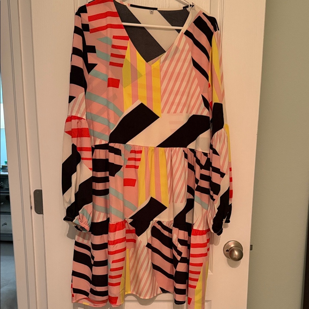 Colorblock Geometric V-Neck Tiered Dress - Multicolor